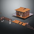 Wooden House With Sloped Wooden Roof And Wooden Terrace Fence And Steps