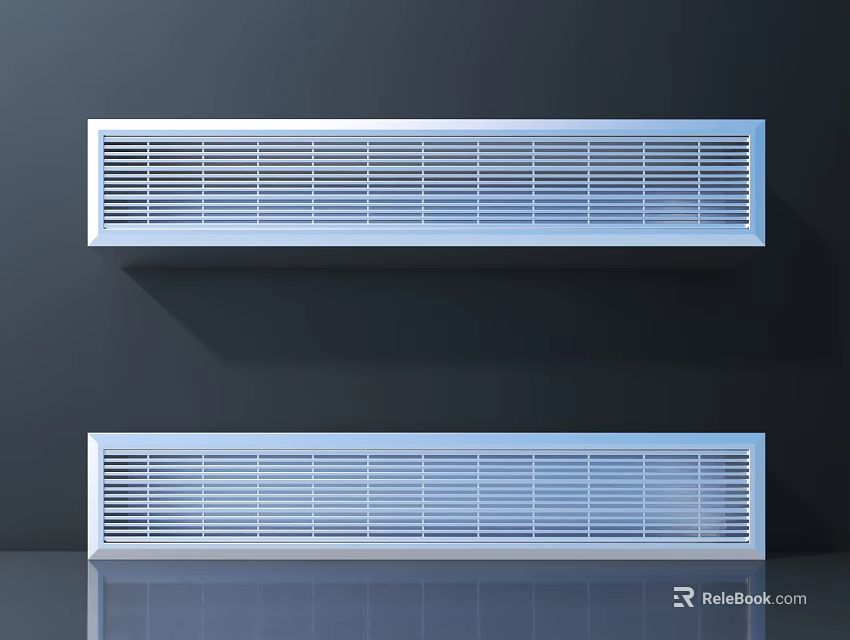 Two White Modern Air Conditioner Vents With Grille Design Mounted On Dark Wall 3d model 