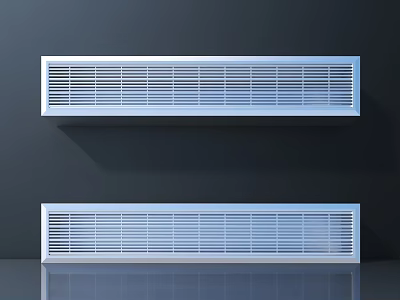 Two White Modern Air Conditioner Vents With Grille Design Mounted On Dark Wall 3d model