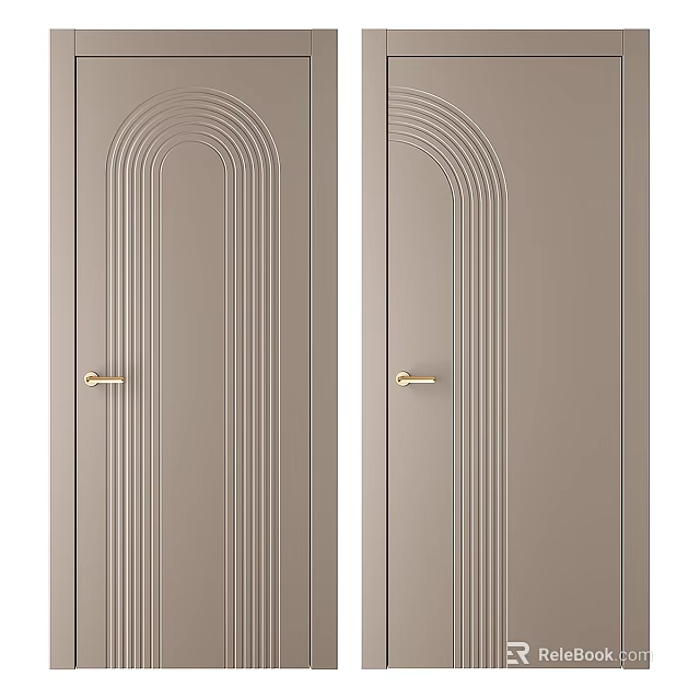 Stylish Beige Swing Doors Featuring Arched Line Decorations And Golden Handles 3d model 