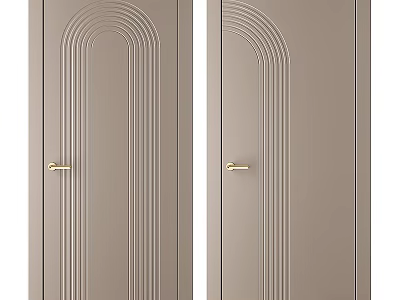 Stylish Beige Swing Doors Featuring Arched Line Decorations And Golden Handles 3d model
