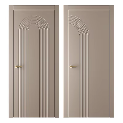 Stylish Beige Swing Doors Featuring Arched Line Decorations And Golden Handles 3d model
