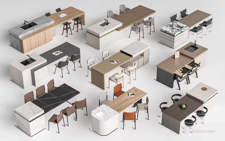 Stylish Bar Counter Designs With Wooden Marble Tops And Matching Chairs 3d model 