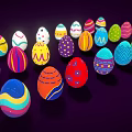 Colorful Decorated Easter Eggs With Rabbit Patterns On Dark Purple Background
