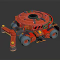Detailed Red Robotic Vehicle Featuring Blue Wheels And Mechanical Components 3d model