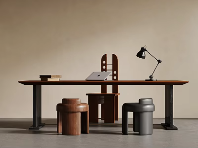 Modern Wooden Desk With Metal Legs Laptop Books And Brown Gray Chairs 3d model