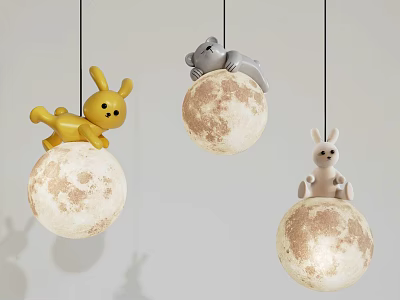 Cute Moon Shaped Pendant Lights With Yellow Rabbit Gray Koala And White Rabbit Decorations 3d model