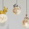 Cute Moon Shaped Pendant Lights With Yellow Rabbit Gray Koala And White Rabbit Decorations