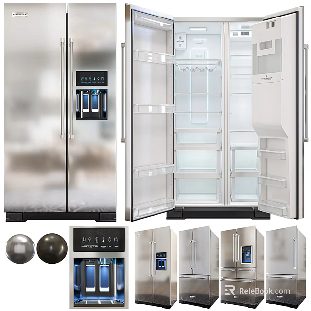 Stainless Steel Double Door Refrigerator With Water Ice Dispenser And Interior Shelves 3d model 