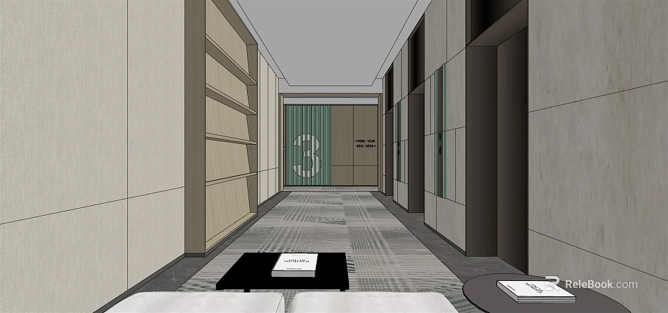 Modern Elevator Lobby Corridor With Number 3 Door Patterned Carpet And Wall Panels 3d model