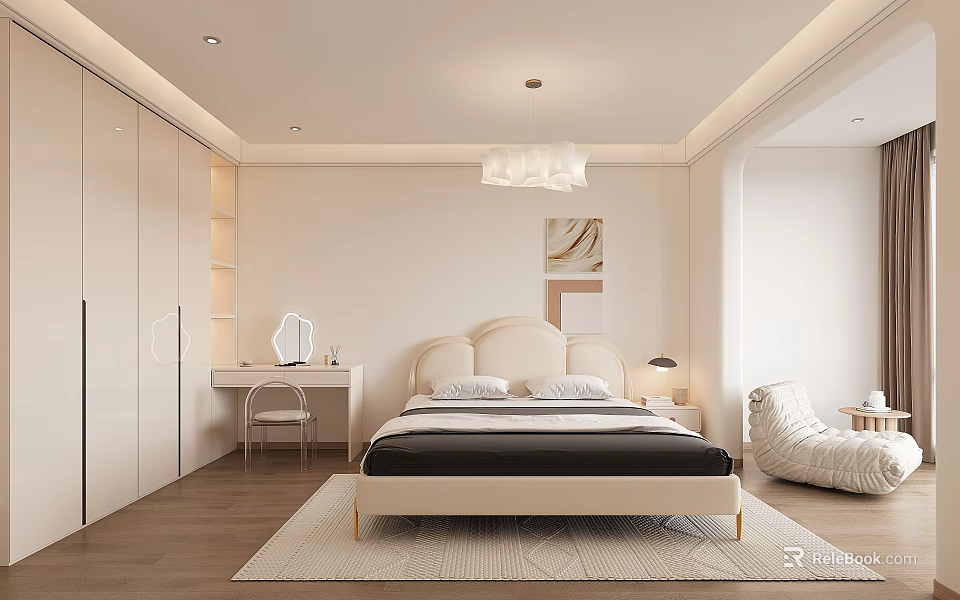 Kids Room Interior Design With Beige Walls Wardrobe Bed Lamp Rug And Round White Chair 3d model 