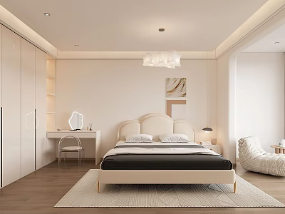 Kids Room Interior Design With Beige Walls Wardrobe Bed Lamp Rug And Round White Chair 3d model