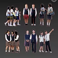 Group of School Students Wearing Uniforms with Various Poses and Interactions