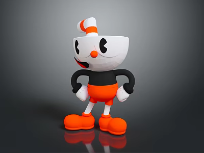 3D Cartoon Cup Character With Red White Striped Hat Black Body Orange Shorts And Shoes 3d model