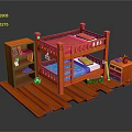 Wooden Bunk Bed Kids Bedroom With Bookshelf Nightstand And Pink Blue Mattresses