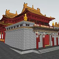Ancient Chinese Architecture Traditional Design With Yellow Roof Blue Walls Red Doors And Stone Steps