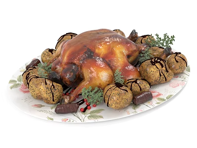 Glazed Roasted Chicken with Herb Potatoes and Fresh Garnish on Floral Plate 3d model