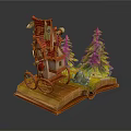 Whimsical Open Book Display With Small Wheeled House And Green Pine Trees