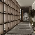 Modern Clubhouse Interior With Wooden Shelves Stone Wall Pebble Path And Green Plants
