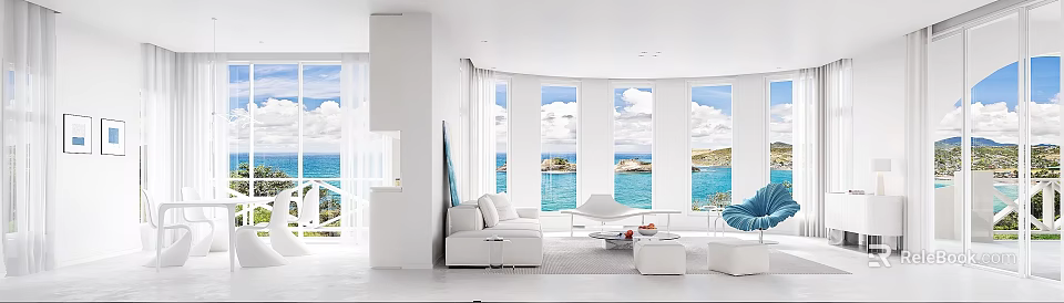 Bright All White Open Living Dining Room With Stunning Ocean View And Luxury Minimalist Furniture 3d model 