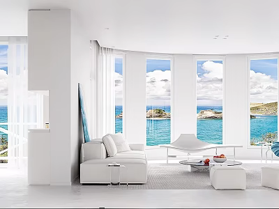 Bright All White Open Living Dining Room With Stunning Ocean View And Luxury Minimalist Furniture 3d model