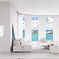 Bright All White Open Living Dining Room With Stunning Ocean View And Luxury Minimalist Furniture