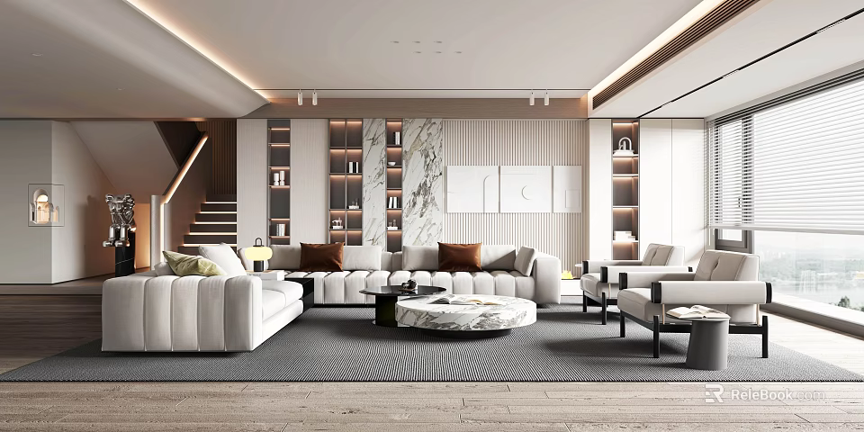 Modern Living Room Interior With White Sofa Brown Cushions Round Coffee Table And Bookshelves 3d model 