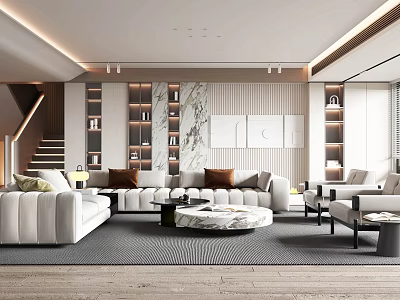 Modern Living Room Interior With White Sofa Brown Cushions Round Coffee Table And Bookshelves 3d model