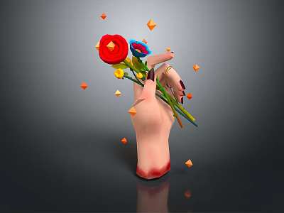Vibrant Bouquet of Flowers Held by Hand With Colorful Small Diamond Decorations on Dark Background 3d model