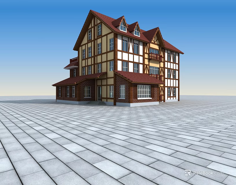 European style Building with Red Roof Yellow White Exterior Wooden Frame Accents and Paved Square 3d model 