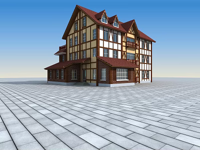European style Building with Red Roof Yellow White Exterior Wooden Frame Accents and Paved Square 3d model
