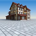 European style Building with Red Roof Yellow White Exterior Wooden Frame Accents and Paved Square