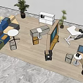 Modern Public Office Area With Colorful Furniture Round Tables And Potted Plants