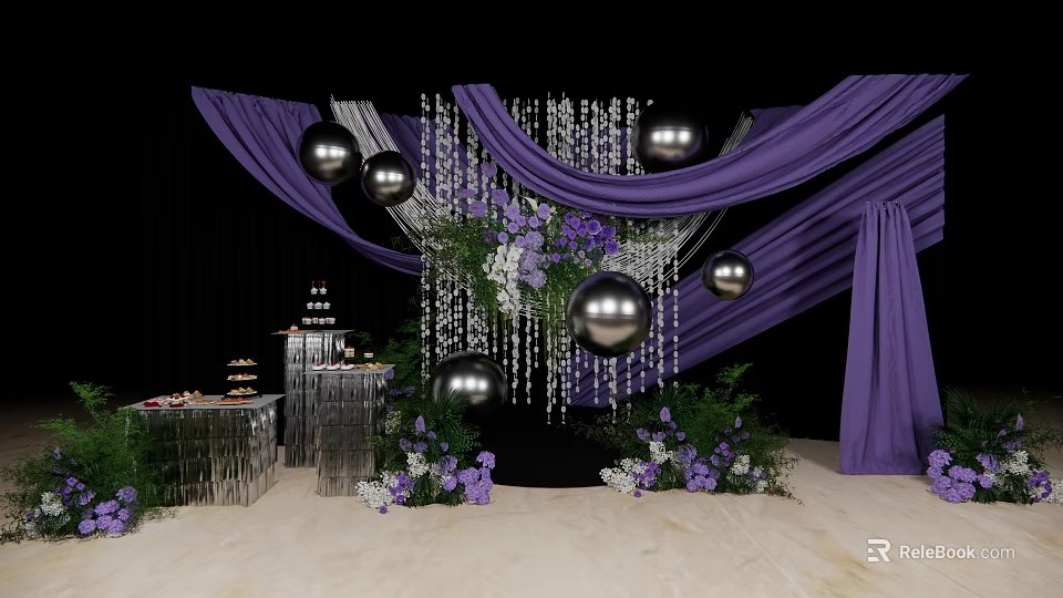 Elegant Floral Display with Purple Curtains Hanging Silver Spheres and Event Decor Setup 3d model 