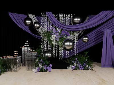 Elegant Floral Display with Purple Curtains Hanging Silver Spheres and Event Decor Setup 3d model