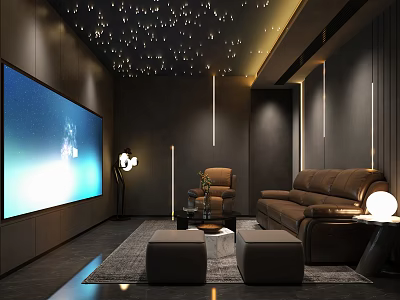 Modern Home Theater Interior With Starry Ceiling Large Screen TV And Brown Sofa 3d model