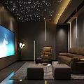 Modern Home Theater Interior With Starry Ceiling Large Screen TV And Brown Sofa