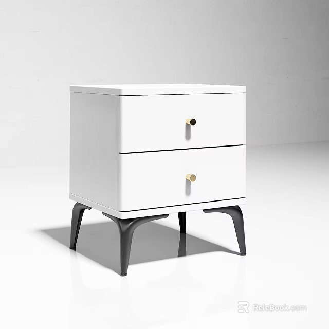 Modern White Bedside Table With Two Drawers Gold Knobs And Black Legs 3d model