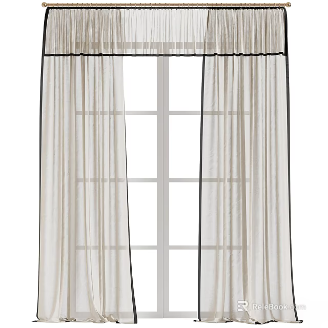 Sheer Beige Curtains With Black Trim And Pleated Top For White Window Frame 3d model 