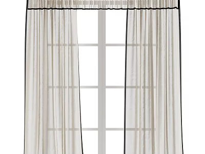 Sheer Beige Curtains With Black Trim And Pleated Top For White Window Frame 3d model