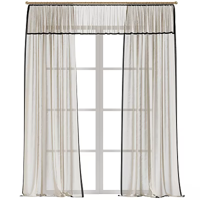 Sheer Beige Curtains With Black Trim And Pleated Top For White Window Frame 3d model