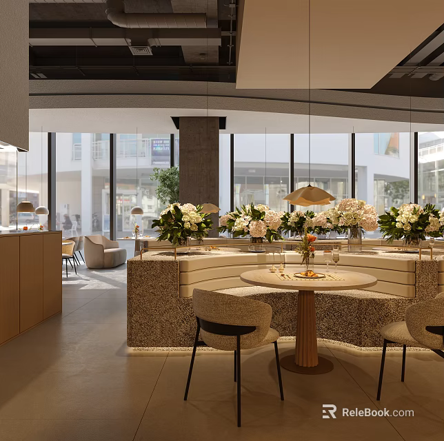 Elegant Modern Restaurant Interior With Large Windows Floral Arrangements Tables And Chairs 3d model 