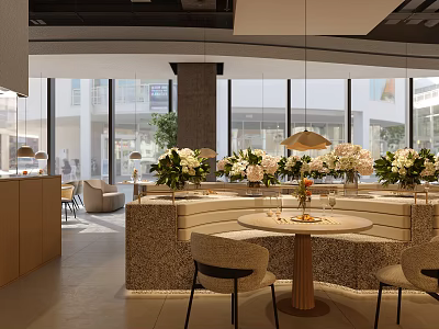 Elegant Modern Restaurant Interior With Large Windows Floral Arrangements Tables And Chairs 3d model