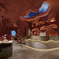Cave Style Restaurant Interior With Rock Walls Ceiling Windows And Tables Chairs 3d model