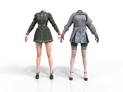 Female Mannequins Showcasing Two Different Stylish Outfits With Coats And Skirts 3d model