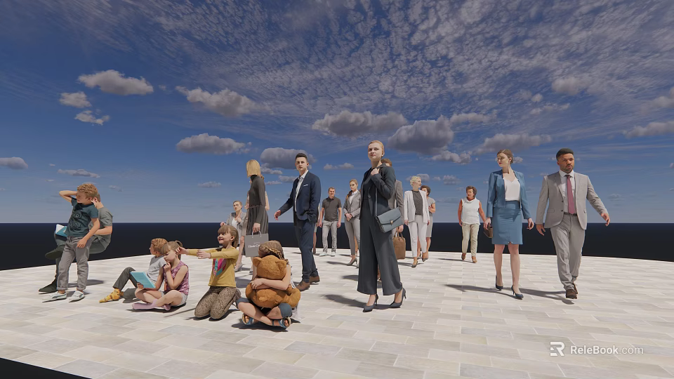 Group of People With Various Poses On White Tiled Ground Under Cloudy Sky 3d model 