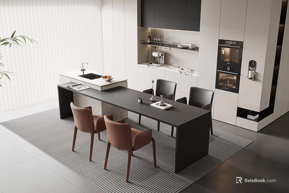 Modern Restaurant Dining Area With Black Long Table Brown Chairs And Open Kitchen Cabinets 3d model 