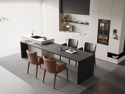 Modern Restaurant Dining Area With Black Long Table Brown Chairs And Open Kitchen Cabinets 3d model
