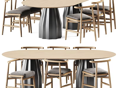 Modern Round Dining Table Set With Light Wood Top And Grey Upholstered Seats 3d model