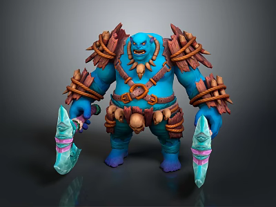 Muscular Blue Skinned Fantasy Ogre With Brown Straps And Dual Blue Bladed Weapons 3d model